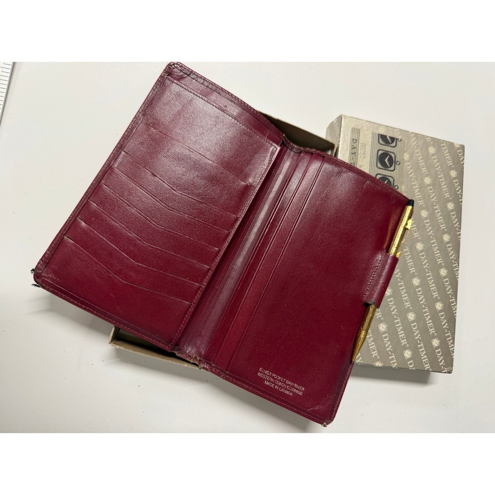 Vintage Day-Timer Burgundy Pocket Organizer Planner Wallet w/ Parker Pen Box